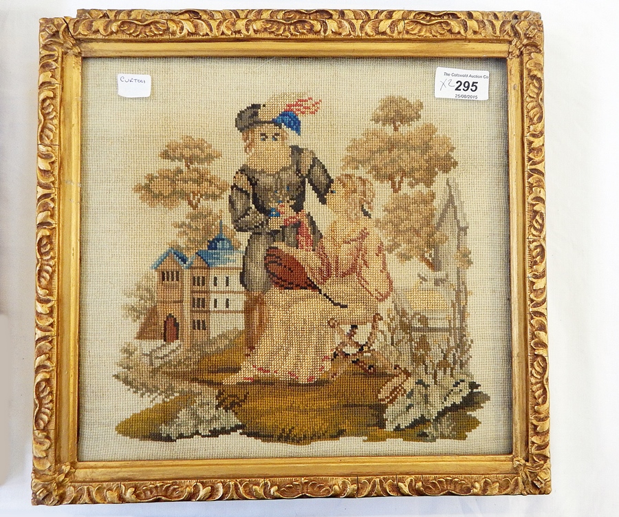 Two framed tapestries showing one couple, the lady playing a mandolin and the other a gentleman - Image 2 of 3