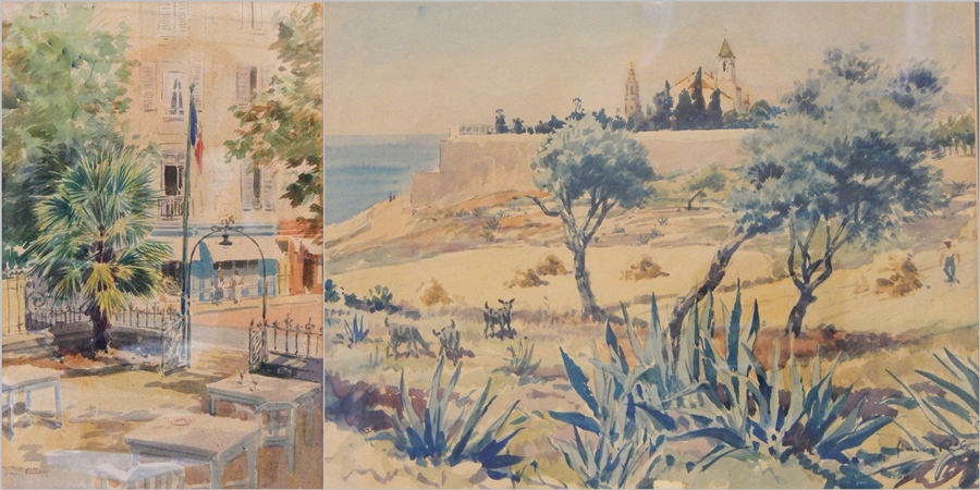 Harry Riley (1895-1966)
Watercolour drawings
Street scene, 50cm x 35cm 
Leading to the beach scene