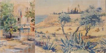 Harry Riley (1895-1966)
Watercolour drawings
Street scene, 50cm x 35cm 
Leading to the beach scene