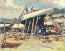 Harry Riley (1895-1966)
Oil on board
"The Boat Yard, Bangor, North Wales", men working on boat,