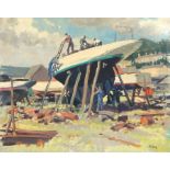 Harry Riley (1895-1966)
Oil on board
"The Boat Yard, Bangor, North Wales", men working on boat,