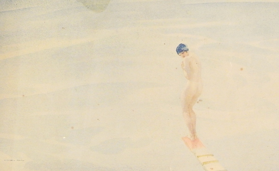 Sir William Russell Flint (1880-1969) 
Colour lithograph 
"The Bather", nude girl on a diving board,