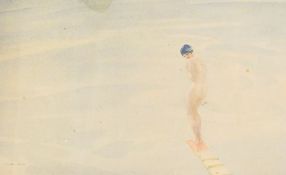 Sir William Russell Flint (1880-1969) 
Colour lithograph 
"The Bather", nude girl on a diving board,