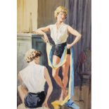 Harry Riley (1895-1966)
Oil on board
Two women from the Women's League of Health and Beauty, signed,