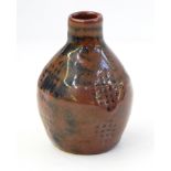 Trevor Corser Leach pottery stoneware small vase, brown and black glazed with incised hatched