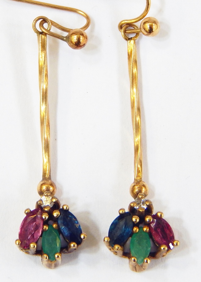 Pair gold and stone set drop earrings, each set diamond, ruby, emerald and sapphire and a pair - Image 3 of 3