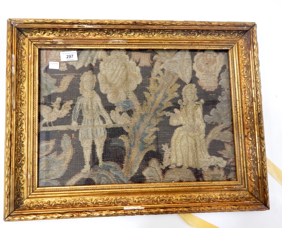 18th century(?) woolwork picture showing a gentleman and a lady, he appears to be holding a pole