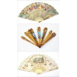 Simulated horn fan, handpainted pastoral scenes to front and back, printed paper fan with bone