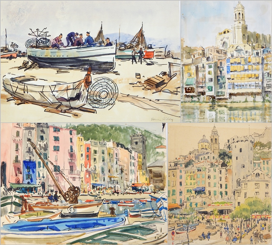 Harry Riley (1895-1966)
Watercolour drawings
"Palomas", beached boats and fishermen in foreground,
