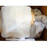 A selection of table linen and other including embroidered, drawn thread, crochet, etc. (1 box)