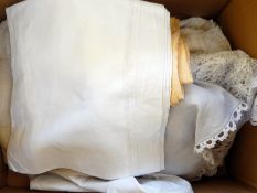 A selection of table linen and other including embroidered, drawn thread, crochet, etc. (1 box)