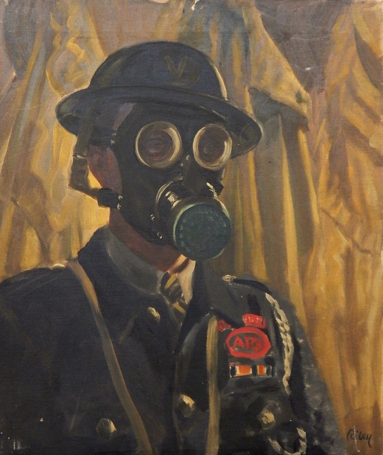 Harry Riley (1895-1966)
Oil on canvas
"The Gas Mask ARP", dated verso 1947, 61cm x 51cm unframed
Oil - Image 3 of 4