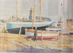 Harry Riley (1895-1966)
Watercolour drawing
Grandmother and child walking between boats, signed,