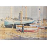 Harry Riley (1895-1966)
Watercolour drawing
Grandmother and child walking between boats, signed,