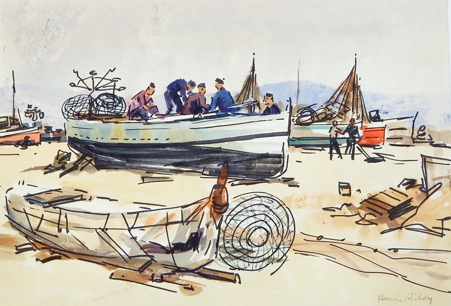 Harry Riley (1895-1966)
Watercolour drawings
"Palomas", beached boats and fishermen in foreground, - Image 2 of 5