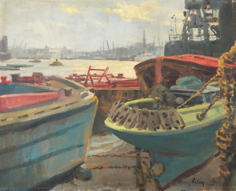 Harry Riley (1895-1966)
Oil on board
"Thames Barges", 40cm x 50cm, unframed 


 Live Bidding: If you