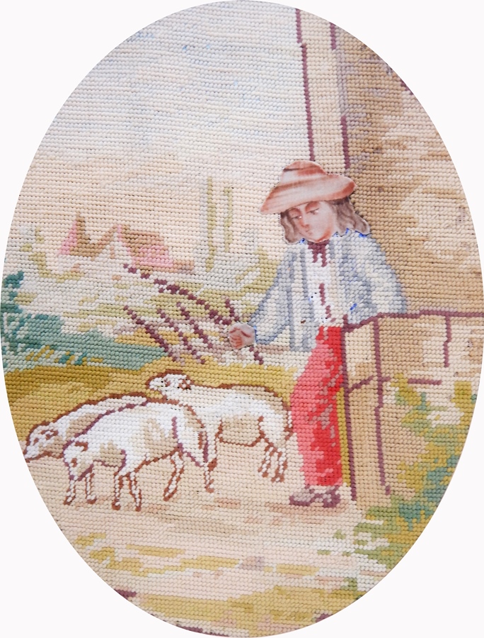 A pair of tapestries showing shepherd boys with painted faces, both framed and two framed oriental