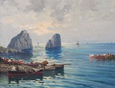 Neapolitan School
Oil on canvas
Italian fisherman in calm coastal scene with protruding rocks,