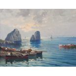 Neapolitan School
Oil on canvas
Italian fisherman in calm coastal scene with protruding rocks,