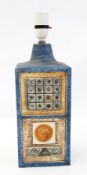 Troika pottery lamp base, square with panels of geometric design in shades of blue and orange,