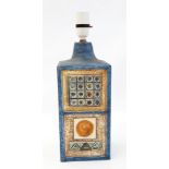 Troika pottery lamp base, square with panels of geometric design in shades of blue and orange,