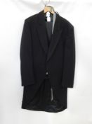 Moss Bros gentleman's morning coat, grey striped trousers, grey waistcoat and full black