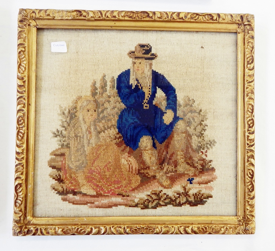 Two framed tapestries showing one couple, the lady playing a mandolin and the other a gentleman - Image 3 of 3