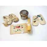 Two pairs of baby kid leather shoes, a bone-backed hairbrush, two handbags, etc.  Live Bidding: If