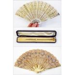 Sequin on gauze fan, mother-of-pearl sticks, with gilt decoration and metal inlay to guard, sequin