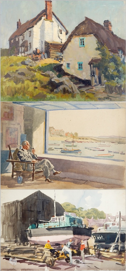 Harry Riley (1895-1966)
Watercolour drawings
"The artist in his studio, St Ives, 1948", 38cm x 54cm