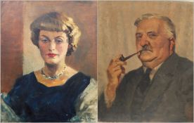 Harry Riley (1895-1966) 
Oils on canvas
Head and shoulders portrait of Barbara Riley and another