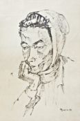 Mid 20th century
Ink drawing 
Portrait of woman wearing headscarf resting her head on her hand,