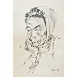 Mid 20th century
Ink drawing 
Portrait of woman wearing headscarf resting her head on her hand,