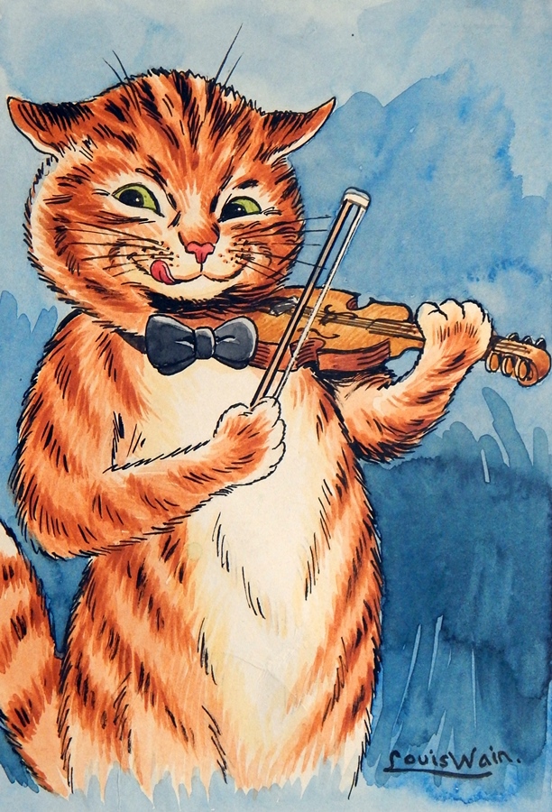 Louis Wain
Watercolour drawing
Cat playing the fiddle, signed, 14cm x 20cm, unframed  Live