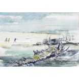 Oliver E Brabbins (1912-1971) 
Pen, ink and watercolour drawing 
Boat hull and figures on beach,