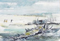 Oliver E Brabbins (1912-1971) 
Pen, ink and watercolour drawing 
Boat hull and figures on beach,