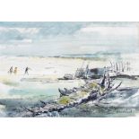 Oliver E Brabbins (1912-1971) 
Pen, ink and watercolour drawing 
Boat hull and figures on beach,