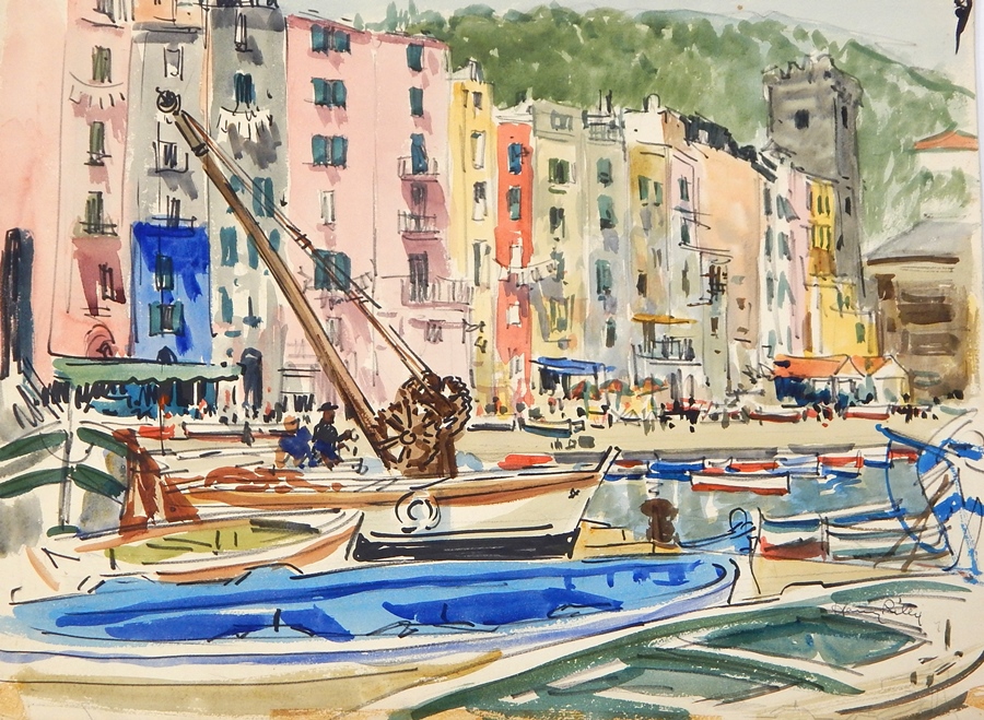 Harry Riley (1895-1966)
Watercolour drawings
"Palomas", beached boats and fishermen in foreground, - Image 3 of 5