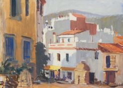 Harry Riley (1895-1966)
Oil on board
"Spanish Village", Spanish street scene, dated verso 1950, 29cm