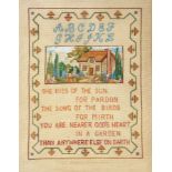 A 1930's sampler, a 1950's Festival of Britain sampler and a 1930's embroidery showing cottages,