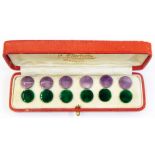Two sets of six Norwegian silver-gilt and enamel buttons, one set with purple enamel and the other