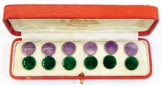Two sets of six Norwegian silver-gilt and enamel buttons, one set with purple enamel and the other
