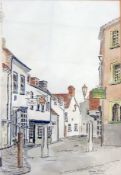 Watercolour of a street in Leamington, another watercolour of a school with children in playing