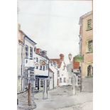 Watercolour of a street in Leamington, another watercolour of a school with children in playing