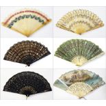 Green gauze and sequin fan, ivory guard/sticks with silver coloured decoration, translucent horn and