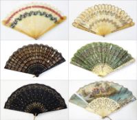 Green gauze and sequin fan, ivory guard/sticks with silver coloured decoration, translucent horn and