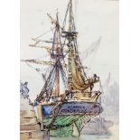 Frank Mears Jobson
Pen, ink and wash
The Elmsta, Stockholm' in Margate harbour, inscribed verso,