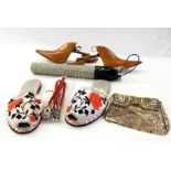 Pair of wooden shoe-horns or stretchers,  folding umbrella in PVC cover, small satin evening bag,