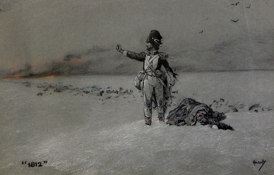 John Hassall (1868-1948) 
Pastel drawing 
Scots Guards standing over a fallen comrade, signed (