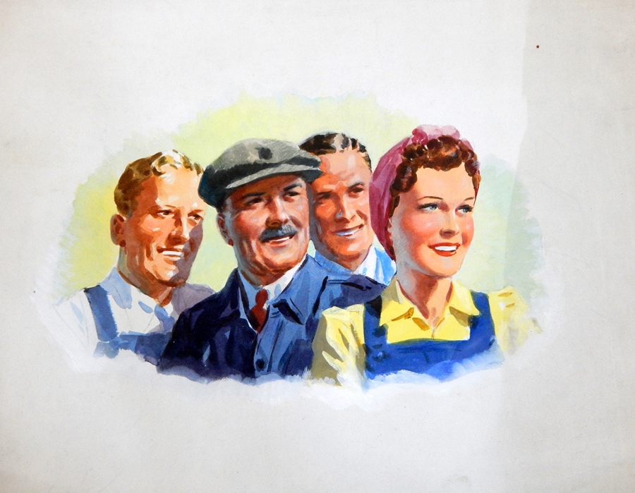 Four Harry Riley advertising watercolours, one depicting a land girl and three men, a gentleman in